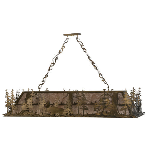 Meyda Lighting Moose Through the Trees 61" 9-Light Antique Copper Island Pendant Light With Silver Mica Shade Glass
