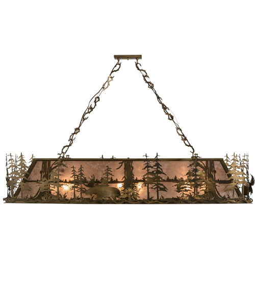 Meyda Lighting Moose Through the Trees 61" 9-Light Antique Copper Island Pendant Light With Silver Mica Shade Glass