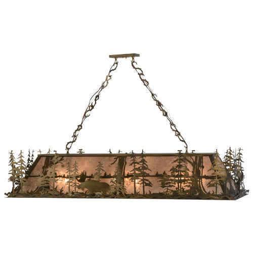 Meyda Lighting Moose Through the Trees 61" 9-Light Antique Copper Island Pendant Light With Silver Mica Shade Glass