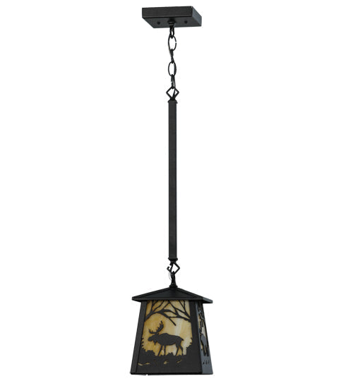 Meyda Lighting Moose at Dawn 10" Textured Black Mini Pendant Light With Beige Art Shade Glass