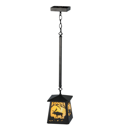 Meyda Lighting Moose at Dawn 10" Textured Black Mini Pendant Light With Beige Art Shade Glass