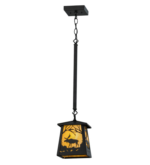 Meyda Lighting Moose at Dawn 10" Textured Black Mini Pendant Light With Beige Art Shade Glass