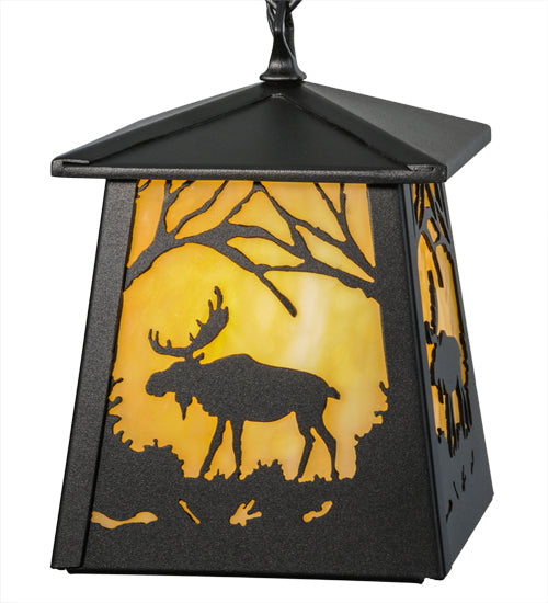 Meyda Lighting Moose at Dawn 10" Textured Black Mini Pendant Light With Beige Art Shade Glass