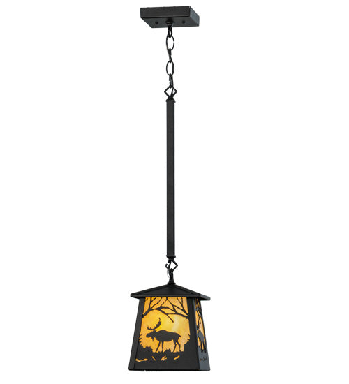 Meyda Lighting Moose at Dawn 10" Textured Black Mini Pendant Light With Beige Art Shade Glass