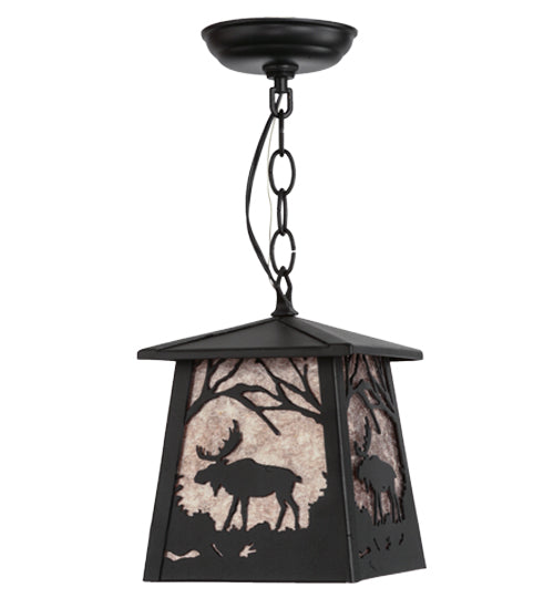 Meyda Lighting Moose at Dawn 10" Textured Black Mini Pendant Light With Silver Mica Shade Glass