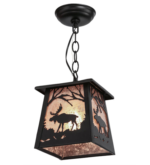 Meyda Lighting Moose at Dawn 10" Textured Black Mini Pendant Light With Silver Mica Shade Glass