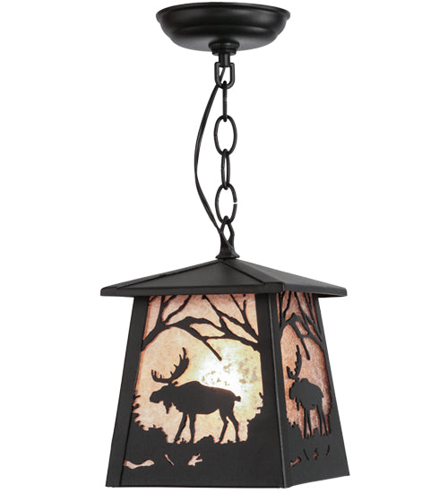 Meyda Lighting Moose at Dawn 10" Textured Black Mini Pendant Light With Silver Mica Shade Glass