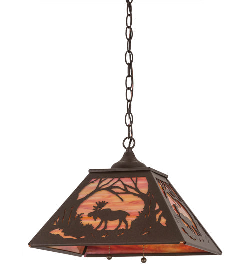 Meyda Lighting Moose at Dawn 22" 2-Light Cafe Noir Pendant Light With Orange Opal Art Shade Glass