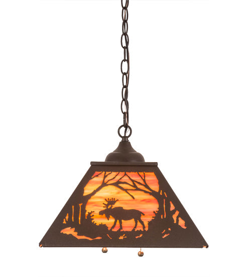 Meyda Lighting Moose at Dawn 22" 2-Light Cafe Noir Pendant Light With Orange Opal Art Shade Glass