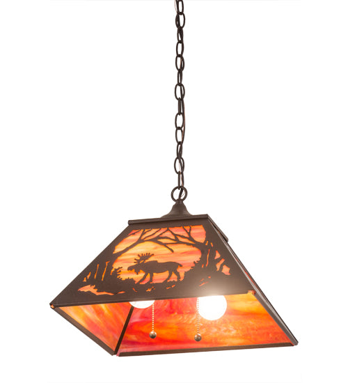Meyda Lighting Moose at Dawn 22" 2-Light Cafe Noir Pendant Light With Orange Opal Art Shade Glass