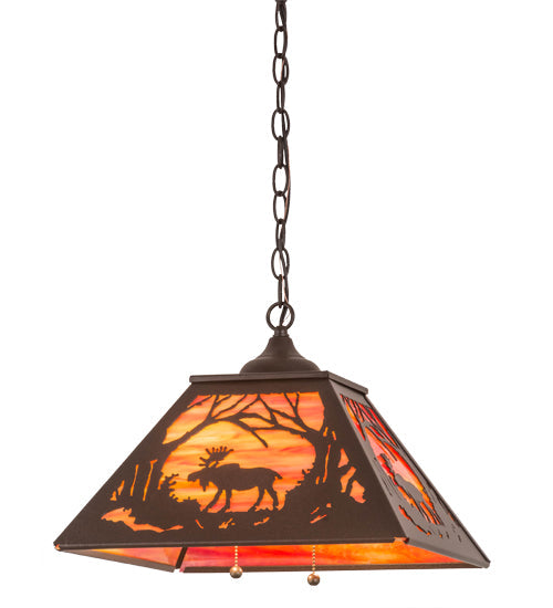 Meyda Lighting Moose at Dawn 22" 2-Light Cafe Noir Pendant Light With Orange Opal Art Shade Glass