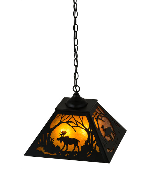 Meyda Lighting Moose at Dawn 22" 2-Light Textured Black Pendant Light With Amber Mica Shade Glass