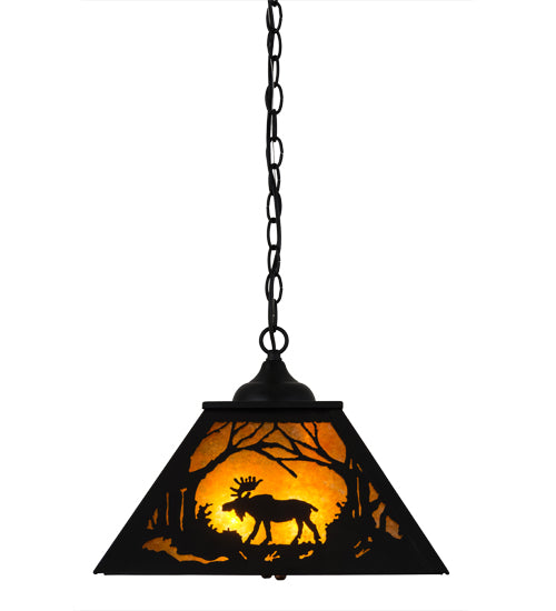 Meyda Lighting Moose at Dawn 22" 2-Light Textured Black Pendant Light With Amber Mica Shade Glass