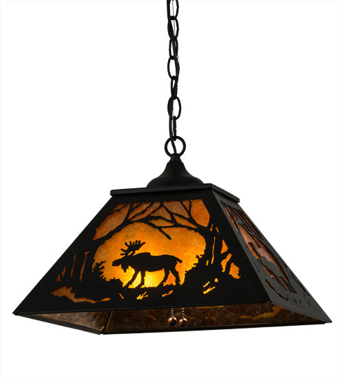 Meyda Lighting Moose at Dawn 22" 2-Light Textured Black Pendant Light With Amber Mica Shade Glass