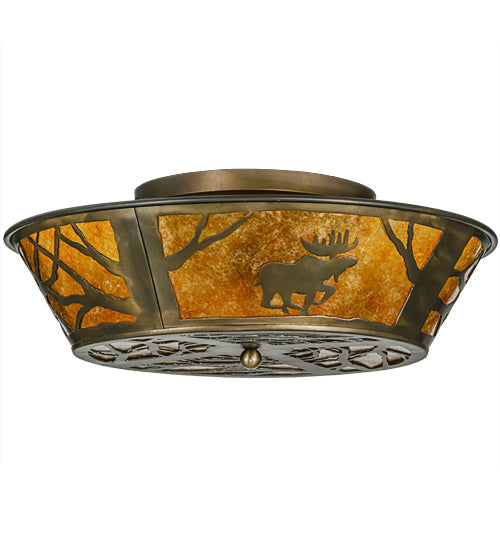 Meyda Lighting Moose at Dawn 22" 4-Light Antique Copper Flush Mount Light With Amber Mica Shade Glass