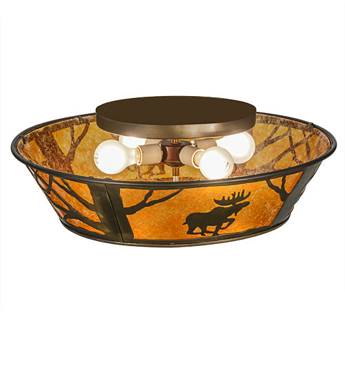 Meyda Lighting Moose at Dawn 22" 4-Light Antique Copper Flush Mount Light With Amber Mica Shade Glass