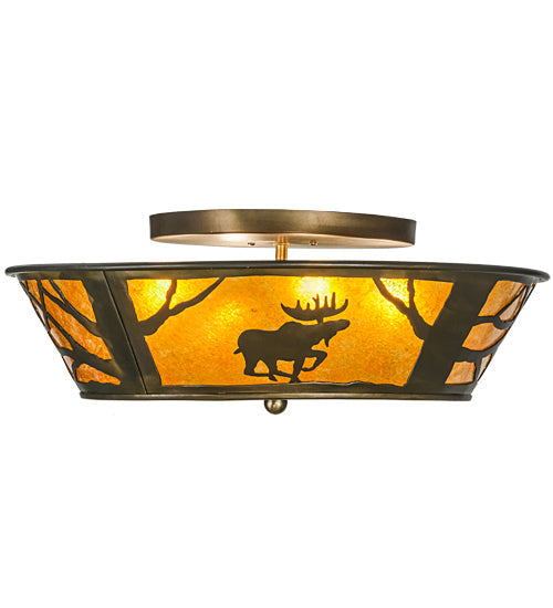 Meyda Lighting Moose at Dawn 22" 4-Light Antique Copper Flush Mount Light With Amber Mica Shade Glass