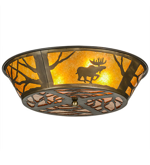 Meyda Lighting Moose at Dawn 22" 4-Light Antique Copper Flush Mount Light With Amber Mica Shade Glass