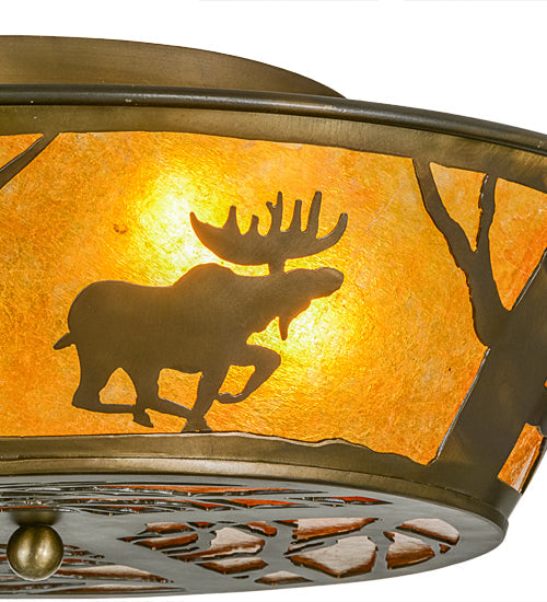 Meyda Lighting Moose at Dawn 22" 4-Light Antique Copper Flush Mount Light With Amber Mica Shade Glass