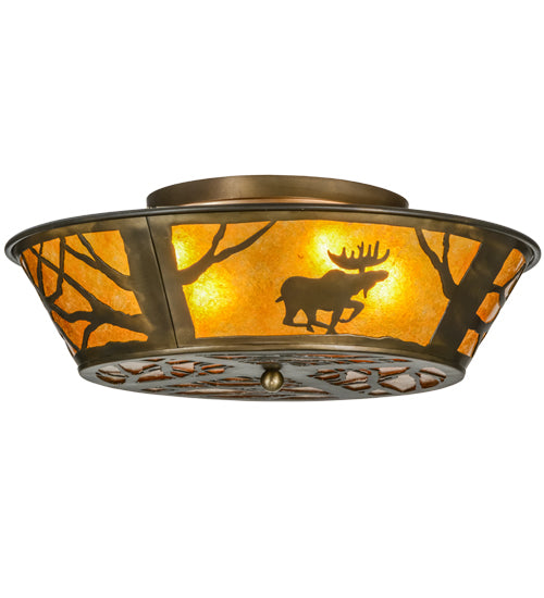 Meyda Lighting Moose at Dawn 22" 4-Light Antique Copper Flush Mount Light With Amber Mica Shade Glass