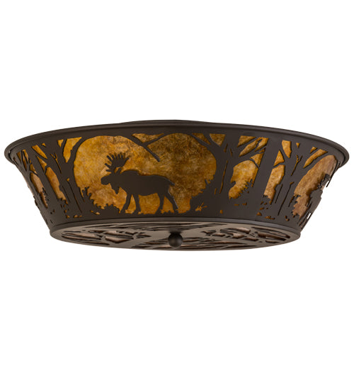 Meyda Lighting Moose at Dawn 22" 4-Light Oil Rubbed Bronze Flush Mount Light With Amber Mica Shade Glass
