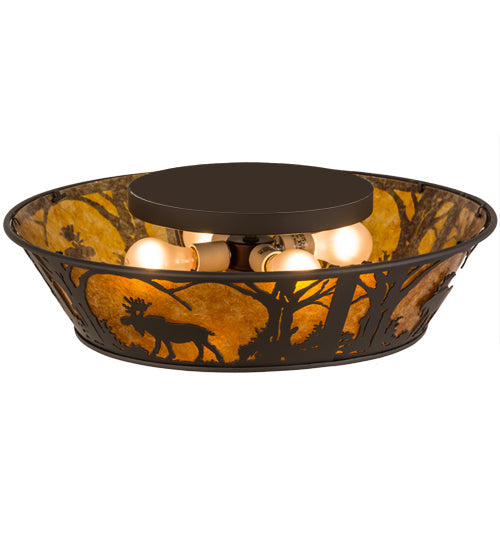 Meyda Lighting Moose at Dawn 22" 4-Light Oil Rubbed Bronze Flush Mount Light With Amber Mica Shade Glass