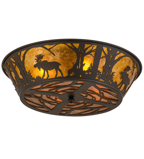 Meyda Lighting Moose at Dawn 22" 4-Light Oil Rubbed Bronze Flush Mount Light With Amber Mica Shade Glass