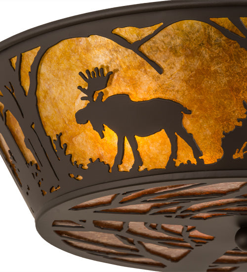 Meyda Lighting Moose at Dawn 22" 4-Light Oil Rubbed Bronze Flush Mount Light With Amber Mica Shade Glass