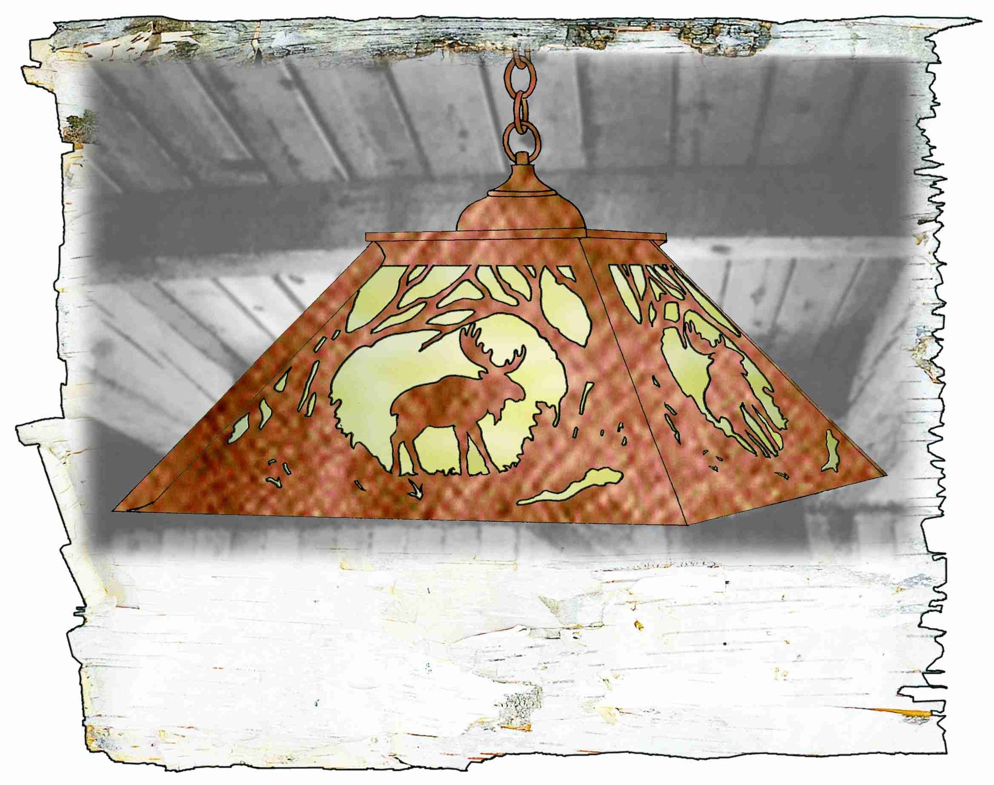 Meyda Lighting Moose at Dawn 23" 2-Light Antique Copper Pendant Light With Beige Art Shade Glass