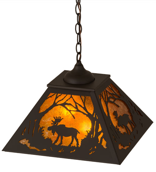 Meyda Lighting Moose at Dawn 23" 2-Light Oil Rubbed Bronze Pendant Light With Amber Mica Shade Glass