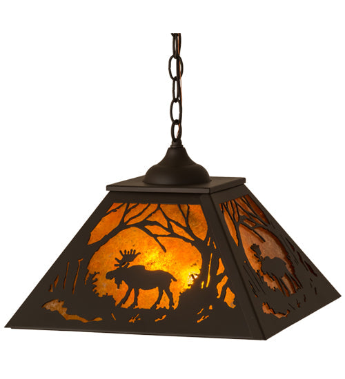 Meyda Lighting Moose at Dawn 23" 2-Light Oil Rubbed Bronze Pendant Light With Amber Mica Shade Glass