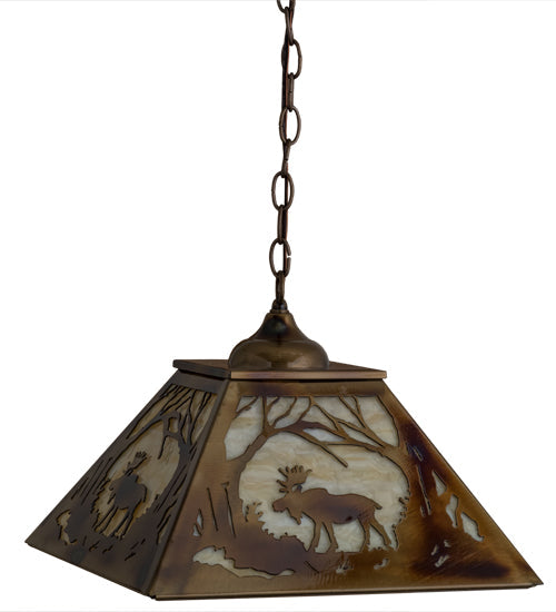 Meyda Lighting Moose at Dawn 23" 3-Light Light Burnished Brass Tint Pendant Light With Beige Art Shade Glass