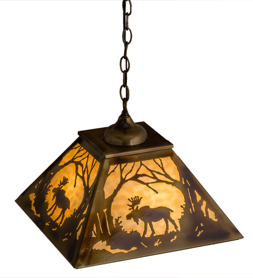 Meyda Lighting Moose at Dawn 23" 3-Light Light Burnished Brass Tint Pendant Light With Beige Art Shade Glass