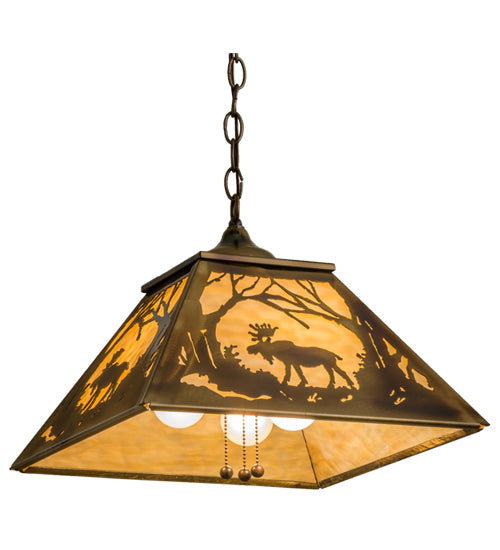 Meyda Lighting Moose at Dawn 23" 3-Light Light Burnished Brass Tint Pendant Light With Beige Art Shade Glass