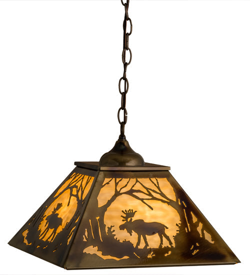Meyda Lighting Moose at Dawn 23" 3-Light Light Burnished Brass Tint Pendant Light With Beige Art Shade Glass