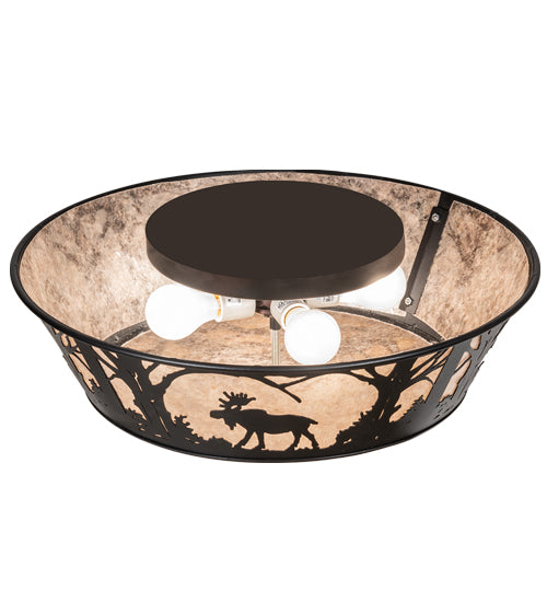 Meyda Lighting Moose at Dawn 23" 4-Light Textured Black Flush Mount Light With Silver Mica Shade Glass