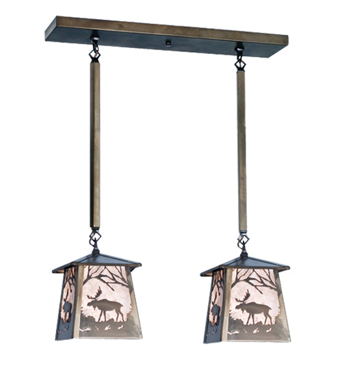 Meyda Lighting Moose at Dawn 24" 2-Light Antique Copper Island Pendant Light With Silver Mica Shade Glass
