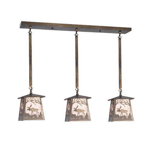 Meyda Lighting Moose at Dawn 37" 3-Light Antique Copper Island Pendant Light With Silver Mica Shade Glass