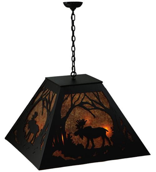 Meyda Lighting Moose at Dawn 42" 4-Light Textured Black Pendant Light With Amber Mica Shade Glass