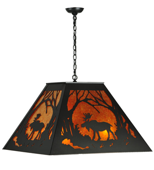 Meyda Lighting Moose at Dawn 42" 4-Light Textured Black Pendant Light With Amber Mica Shade Glass