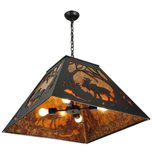 Meyda Lighting Moose at Dawn 42" 4-Light Textured Black Pendant Light With Amber Mica Shade Glass