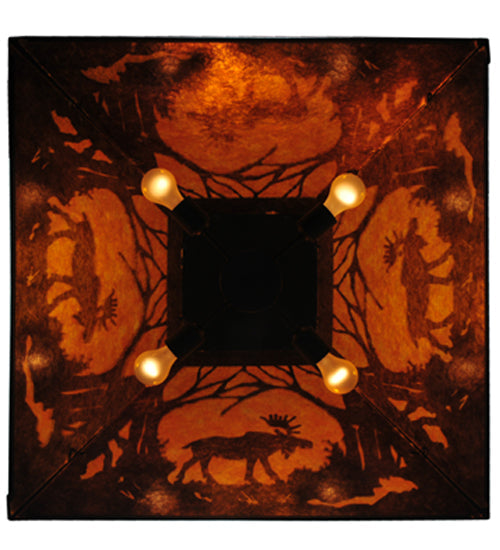 Meyda Lighting Moose at Dawn 42" 4-Light Textured Black Pendant Light With Amber Mica Shade Glass