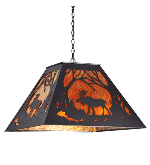 Meyda Lighting Moose at Dawn 42" 4-Light Textured Black Pendant Light With Amber Mica Shade Glass