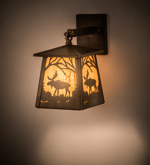 Meyda Lighting Moose at Dawn 7" Antique Copper Hanging Wall Sconce With Honey Ripple Shade Glass