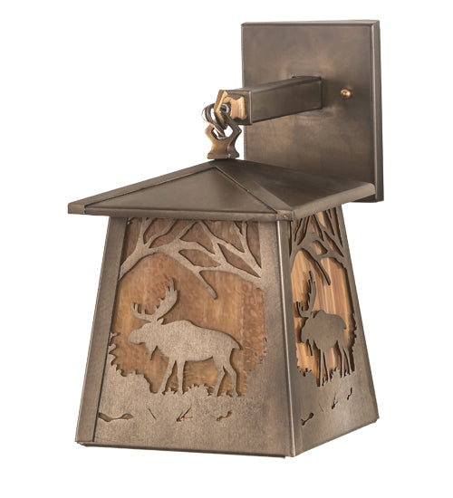 Meyda Lighting Moose at Dawn 7" Antique Copper Hanging Wall Sconce With Honey Ripple Shade Glass