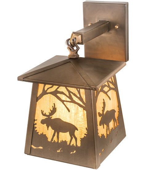 Meyda Lighting Moose at Dawn 7" Antique Copper Hanging Wall Sconce With Honey Ripple Shade Glass