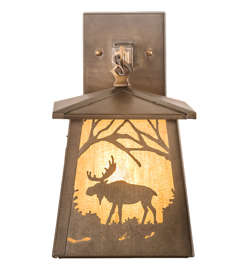 Meyda Lighting Moose at Dawn 7" Antique Copper Hanging Wall Sconce With Honey Ripple Shade Glass