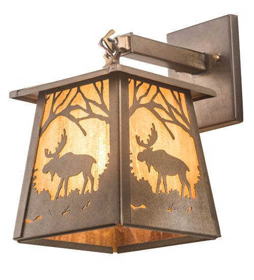 Meyda Lighting Moose at Dawn 7" Antique Copper Hanging Wall Sconce With Honey Ripple Shade Glass