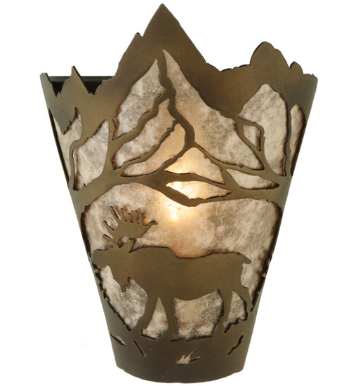 Meyda Lighting Moose at Dawn 8" Antique Copper Left Wall Sconce With Silver Mica Shade Glass