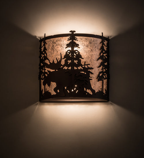 Meyda Lighting Moose at Dusk 12" 2-Light Mahogany Bronze Wall Sconce With Silver Mica Shade Glass